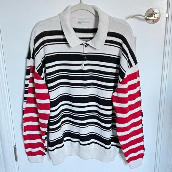 Zara Men's Black/Red/White Knit Striped Quarter Button Sweater - 35545 - Picture 2 of 13